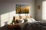 Where Sunflowers Keep the Light sunflowers canvas print, displayed in a bedroom
