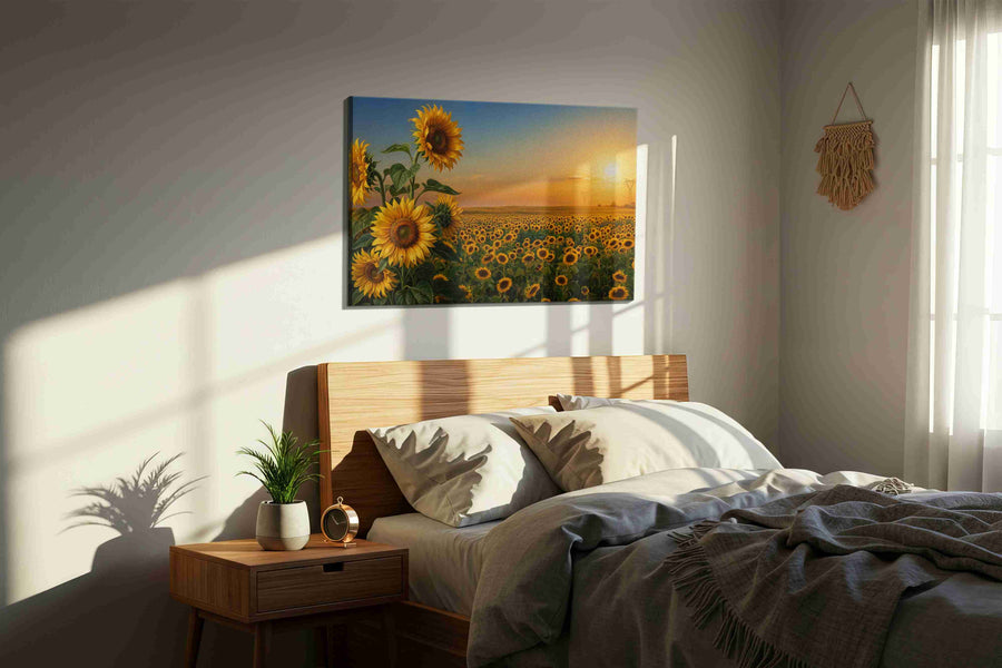 Where Sunflowers Keep the Light sunflowers canvas print, displayed in a bedroom
