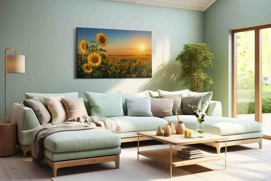 Where Sunflowers Keep the Light sunflowers canvas print shown in a wall scene