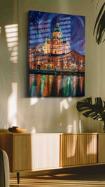 Cathedral Beneath the Velvet Whirl urban canvas print, displayed in a living room