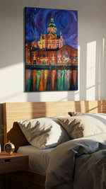 Cathedral Beneath the Velvet Whirl urban canvas print, displayed in a bedroom