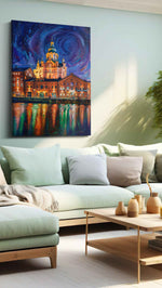 Cathedral Beneath the Velvet Whirl - Urban Wall Art, Cityscape Canvas Print, Modern City Art