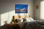 Cobalt Symphony Over Erasmus urban canvas print, displayed in a bedroom