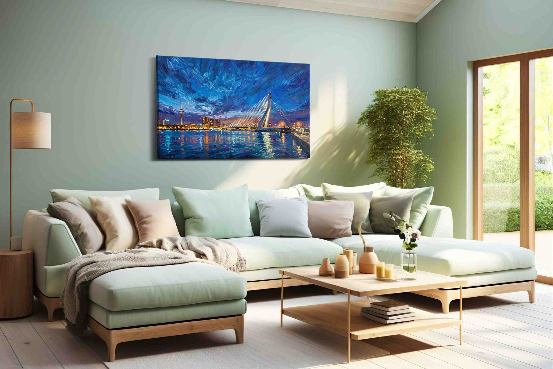 Cobalt Symphony Over Erasmus urban canvas print shown in a wall scene