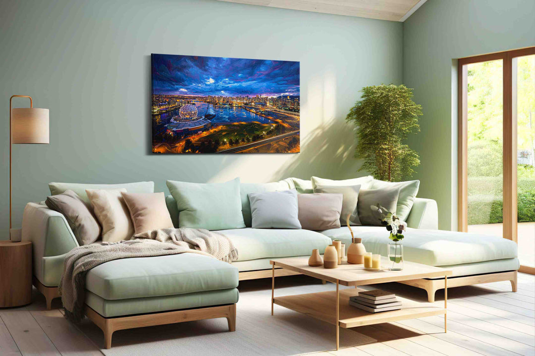 Electric Twilight Over False Creek - Urban Wall Art, Cityscape Canvas Print, Modern City Art