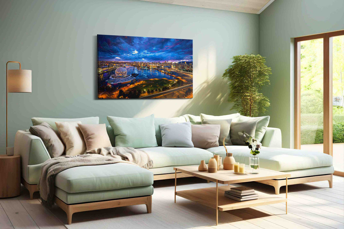 Electric Twilight Over False Creek - Urban Wall Art, Cityscape Canvas Print, Modern City Art