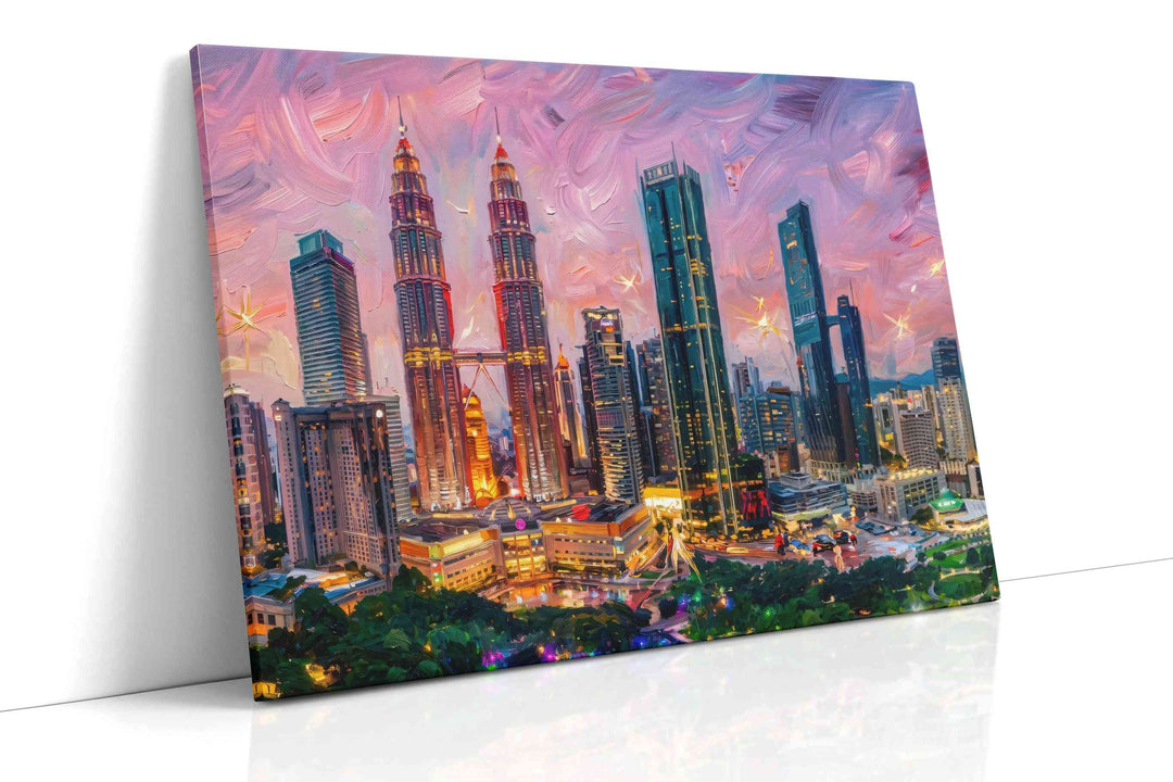 Petals Over Petronas Twilight - Urban Wall Art, Cityscape Canvas Print, Modern City Art