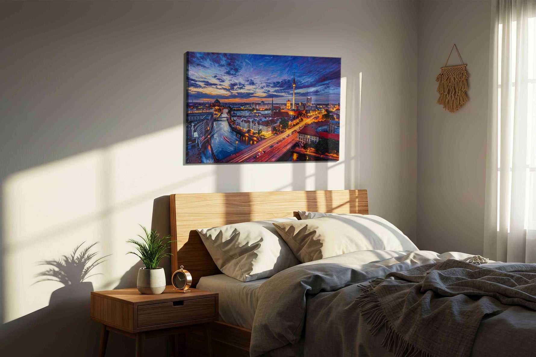 Violet Rush Over Berlin urban canvas print, displayed in a bedroom