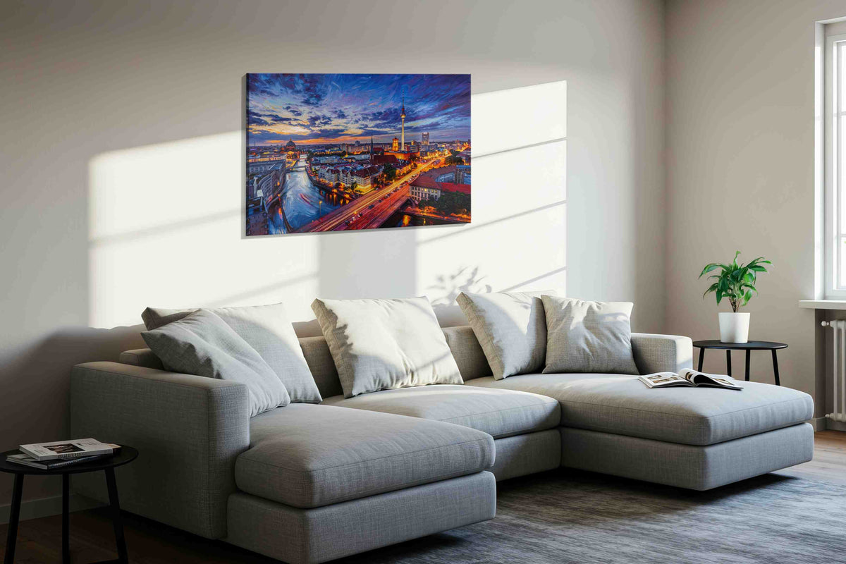 Violet Rush Over Berlin urban canvas print in a living room scene