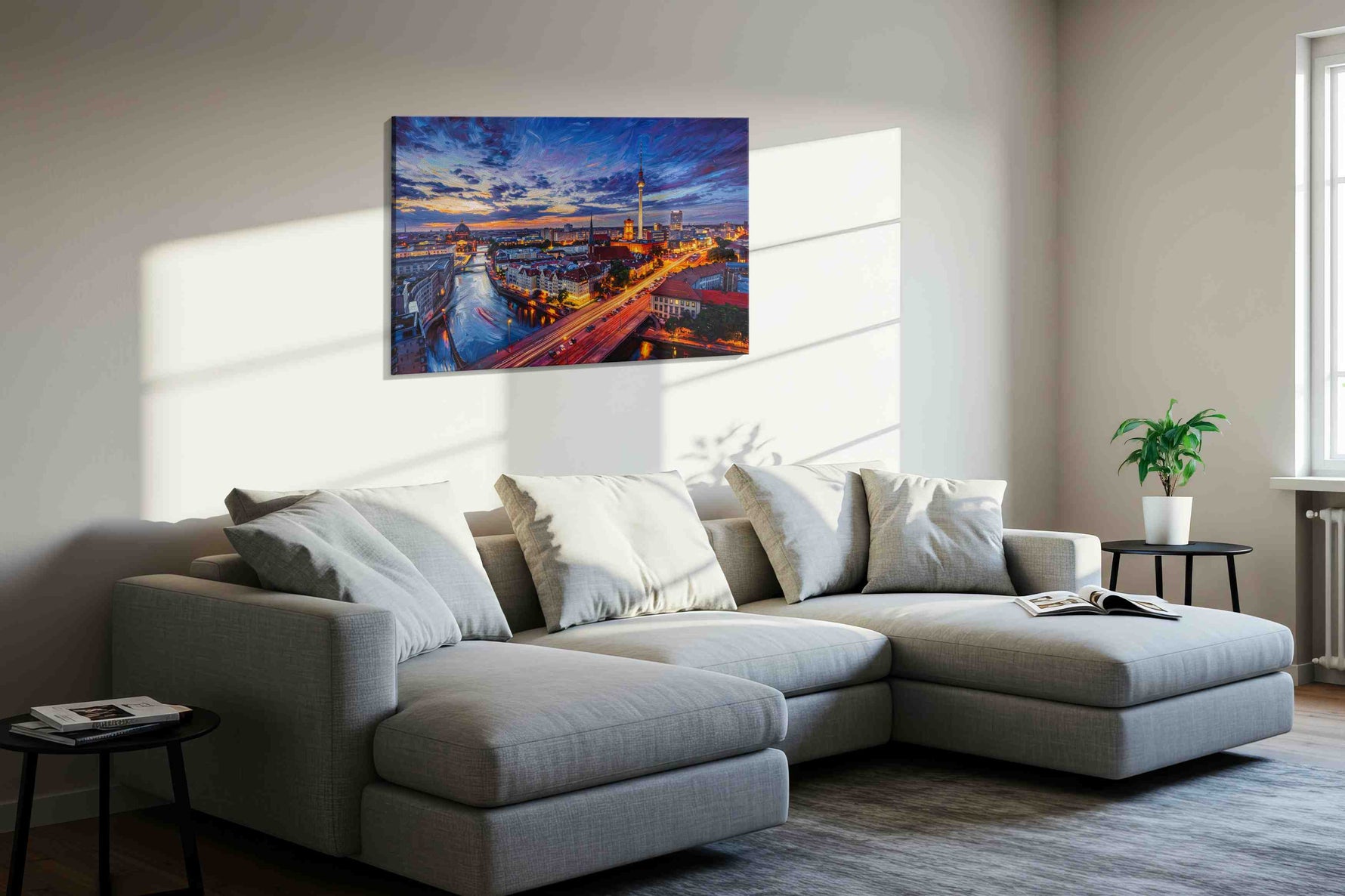 Violet Rush Over Berlin urban canvas print in a living room scene
