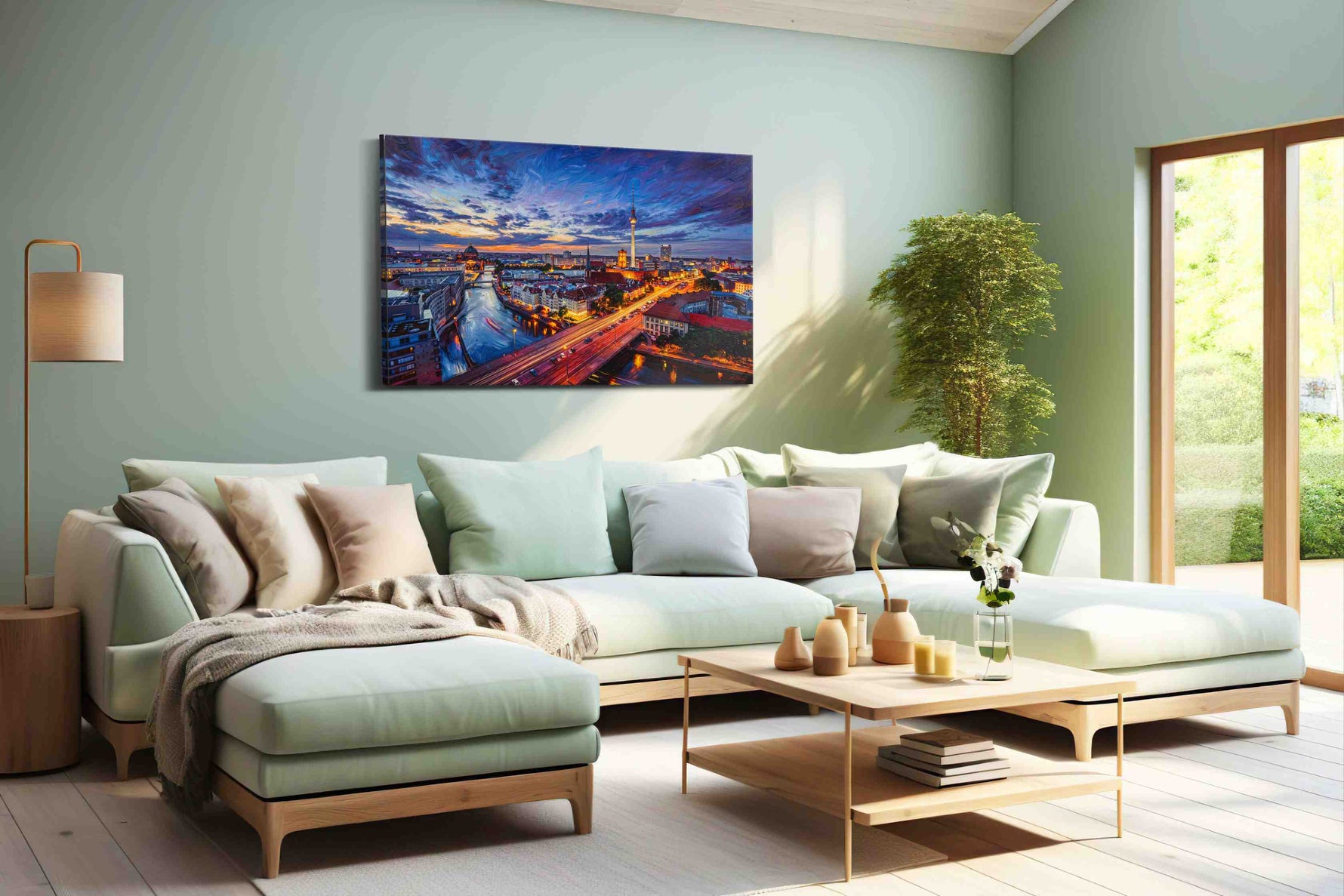 Violet Rush Over Berlin urban canvas print, hanging on wall