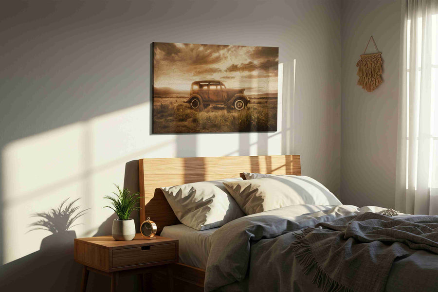 Dustbound Reverie vintage canvas print, displayed in a bedroom