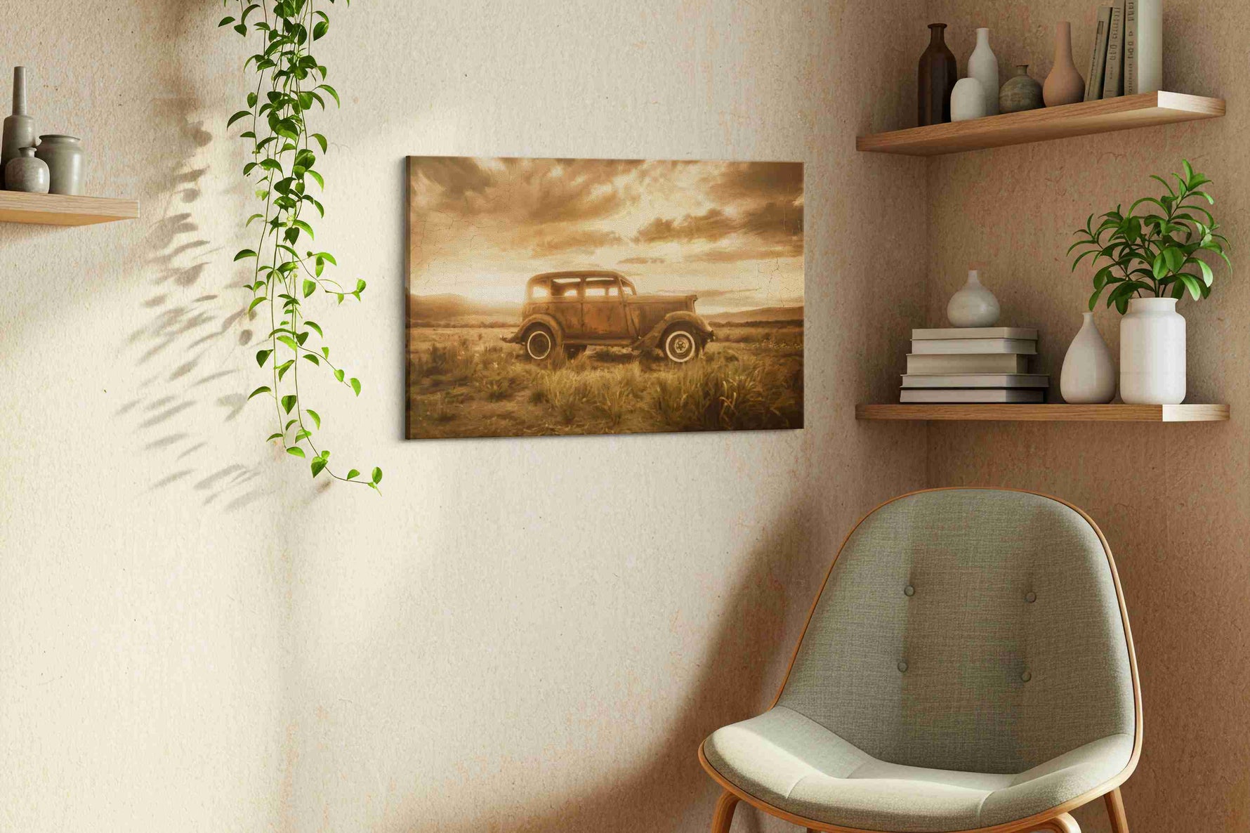 Dustbound Reverie vintage canvas print, displayed in a living room