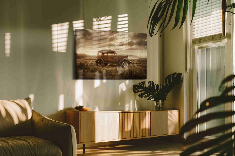 Dustbound Reverie vintage canvas print in a contemporary interior mockup