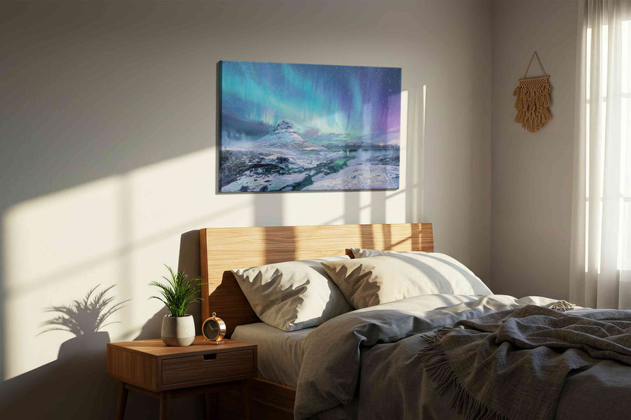 Aurora Over Silent Fjord winter canvas print, displayed in a bedroom