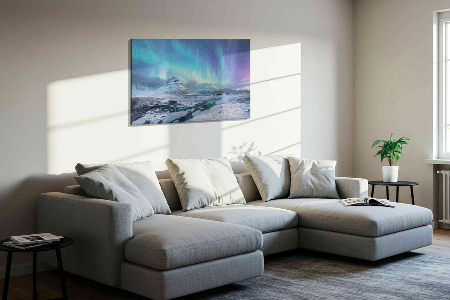 Aurora Over Silent Fjord winter canvas print, displayed in a living room