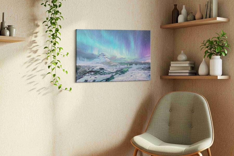 Aurora Over Silent Fjord winter canvas print styled in a living room