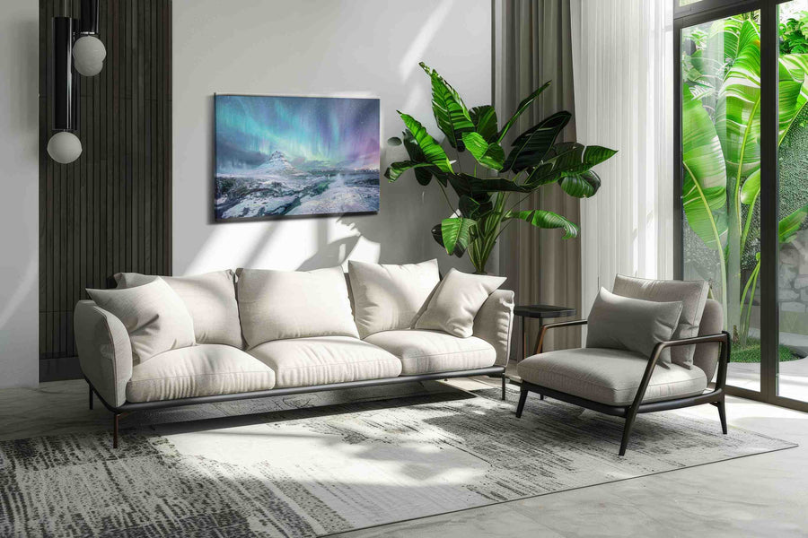 Aurora Over Silent Fjord winter canvas print, on wall, lifestyle preview