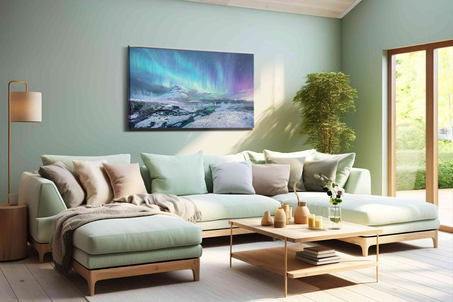 Aurora Over Silent Fjord winter canvas print, hanging on wall