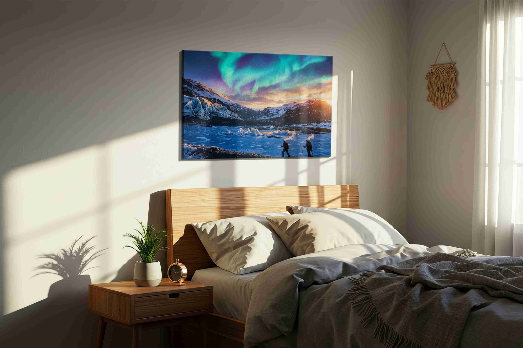 Aurora Over the Frozen Wilds winter canvas print, displayed in a bedroom