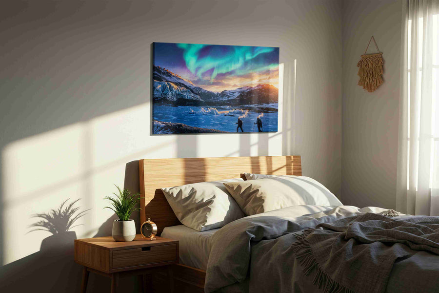 Aurora Over the Frozen Wilds winter canvas print, displayed in a bedroom