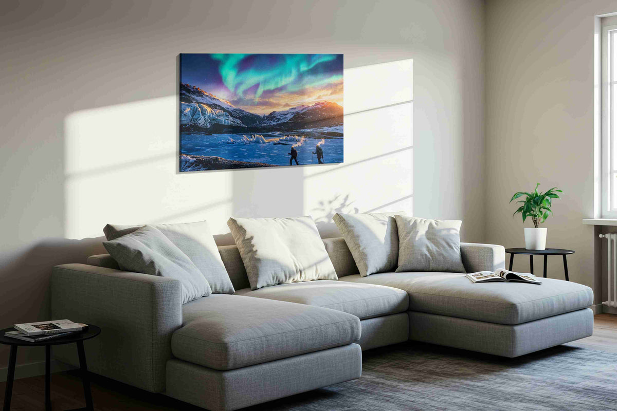 Aurora Over the Frozen Wilds winter canvas print, displayed in a living room