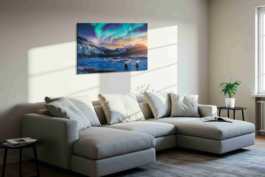 Aurora Over the Frozen Wilds winter canvas print, displayed in a living room