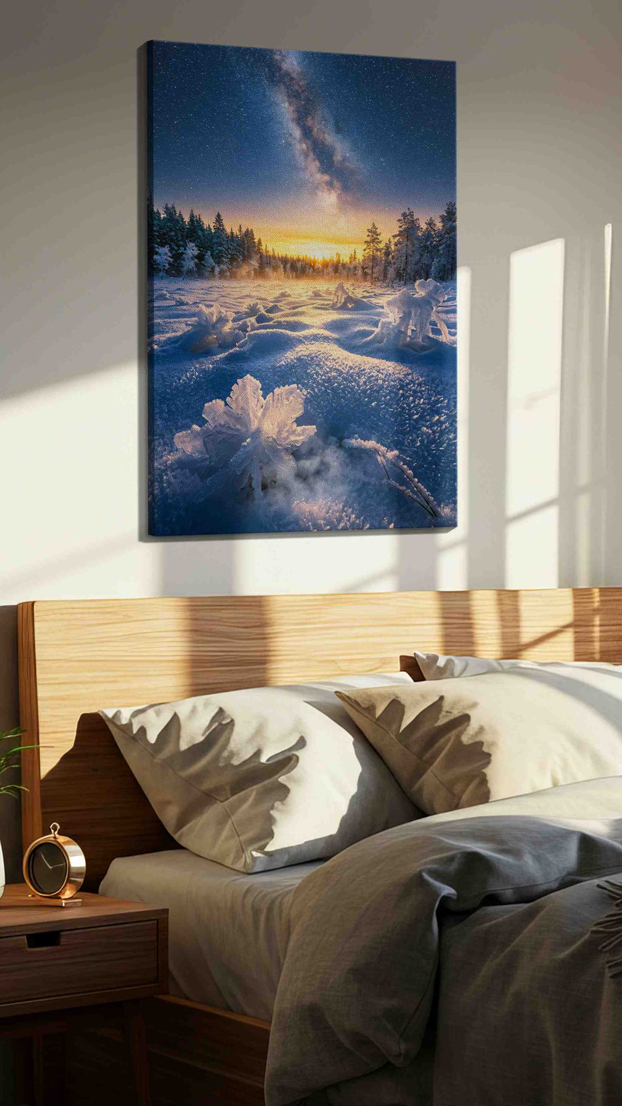 Celestial Frost Bloom winter canvas print, displayed in a bedroom