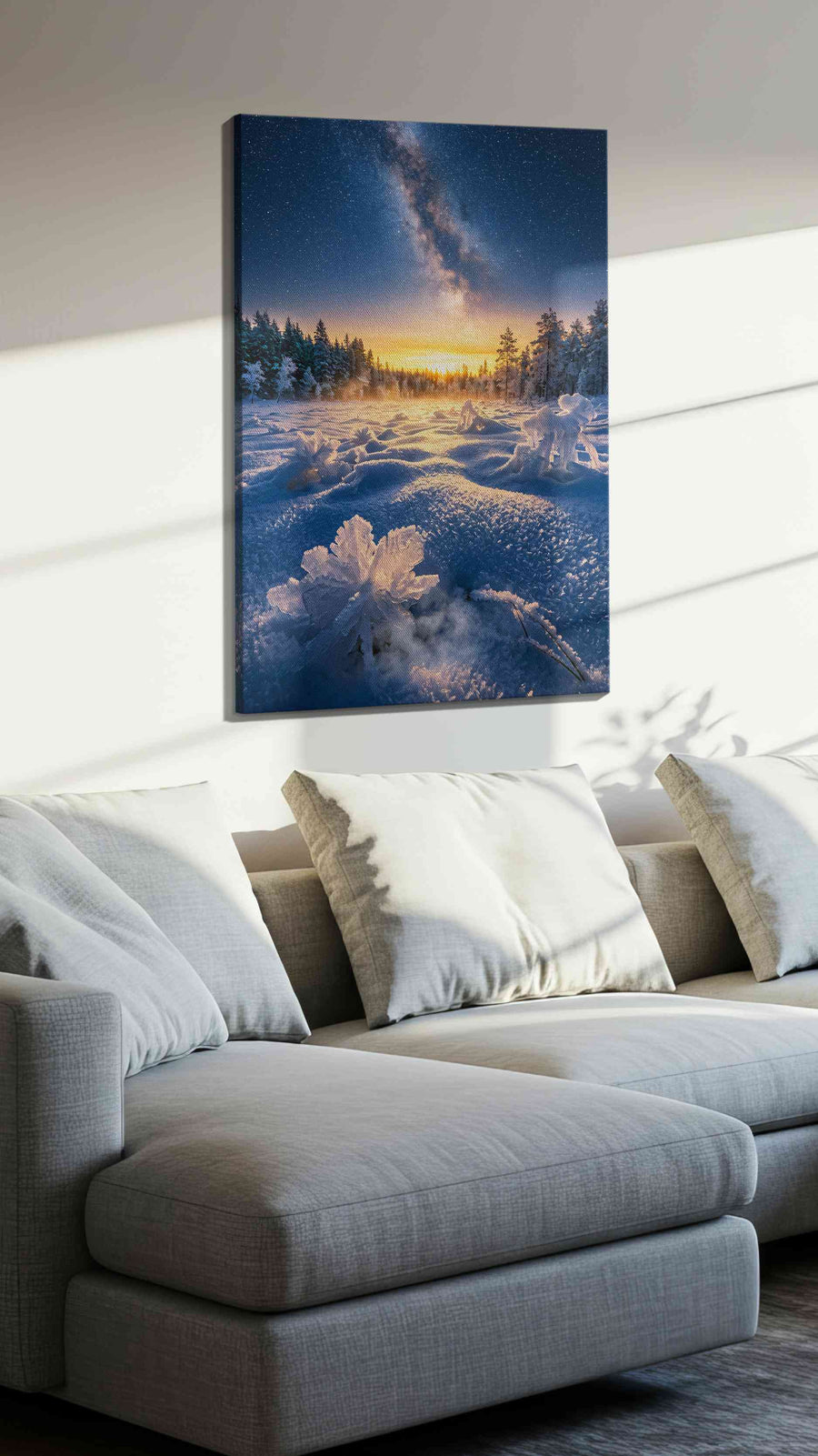 Celestial Frost Bloom winter canvas print, displayed in a living room
