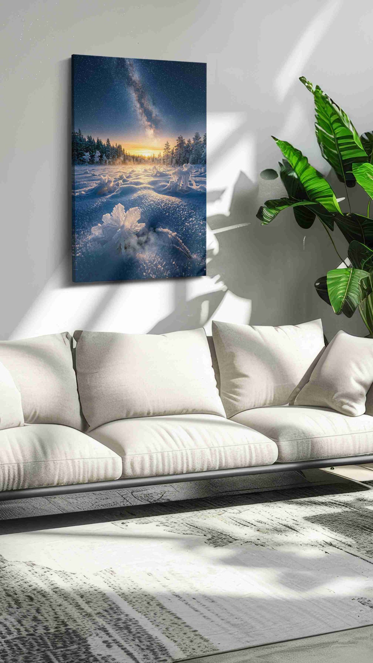 Celestial Frost Bloom winter canvas print in a modern interior mockup