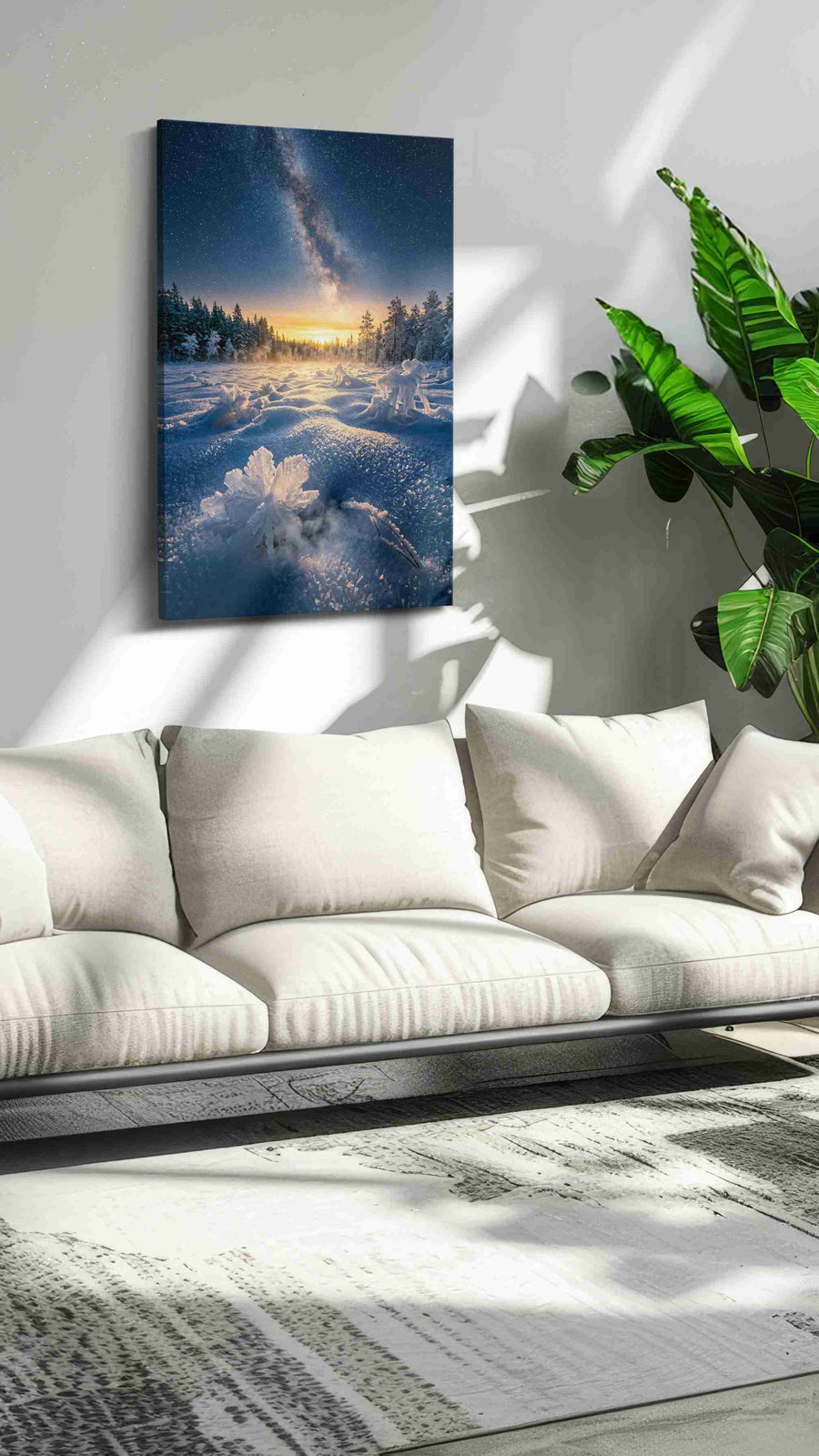 Celestial Frost Bloom winter canvas print in a modern interior mockup