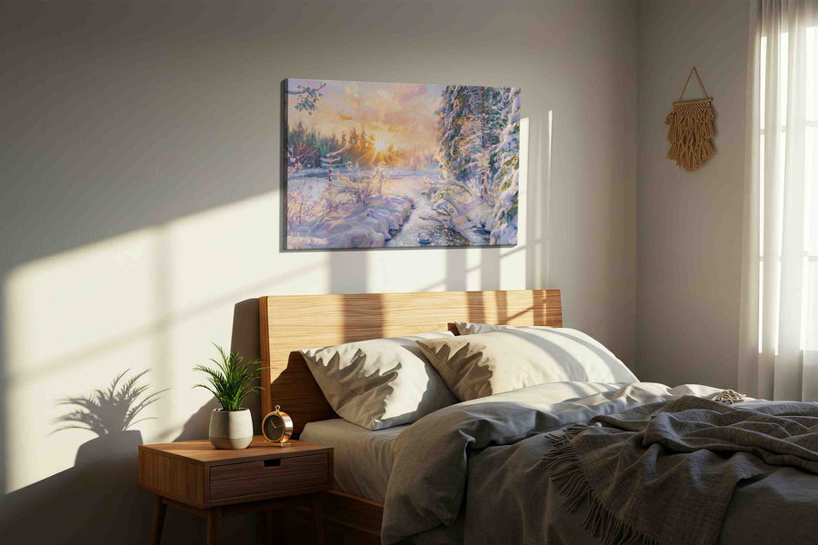 Emberlight on Frost Creek winter canvas print, displayed in a bedroom