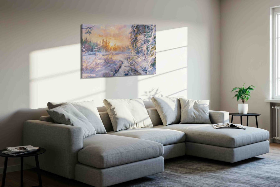 Emberlight on Frost Creek winter canvas print in a living room scene