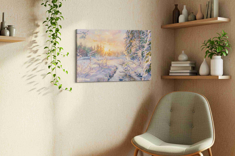 Emberlight on Frost Creek winter canvas print, displayed in a living room
