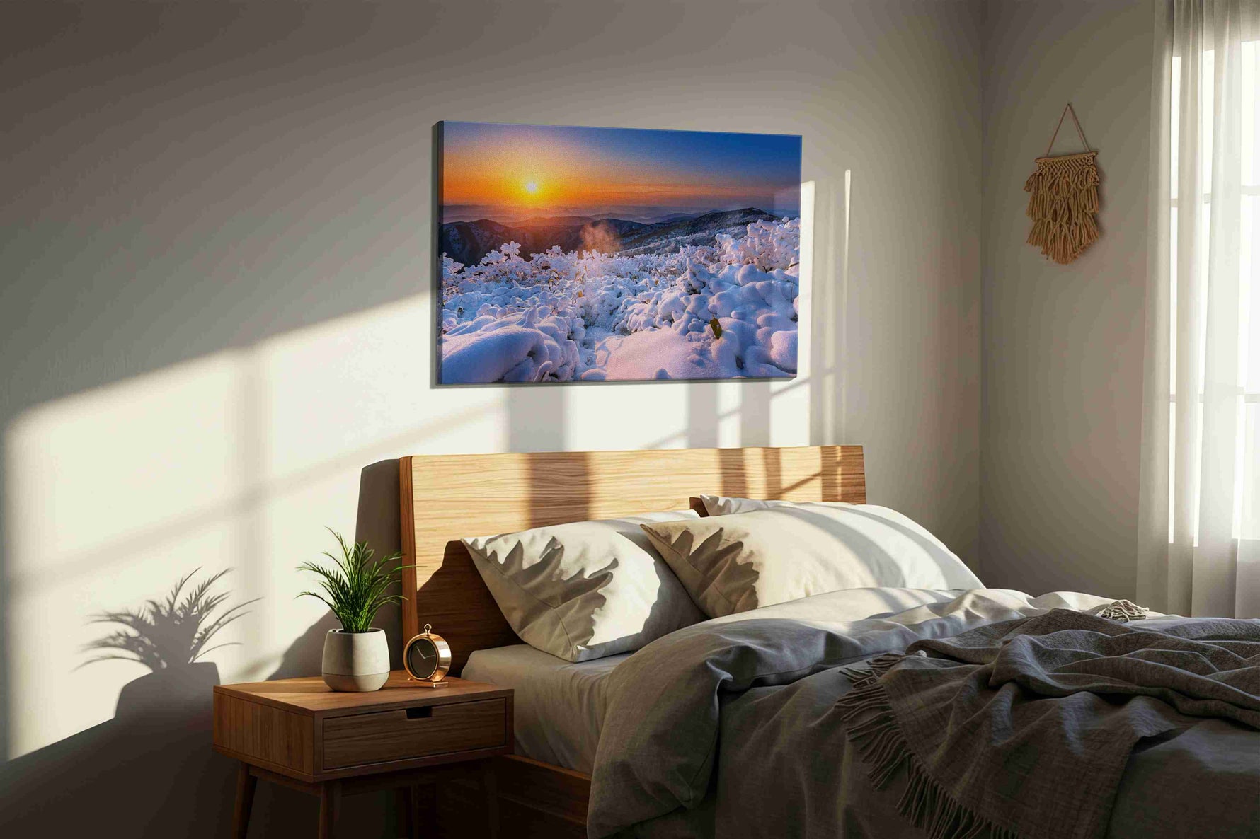 Emberlight on Winter Peaks winter canvas print, displayed in a bedroom