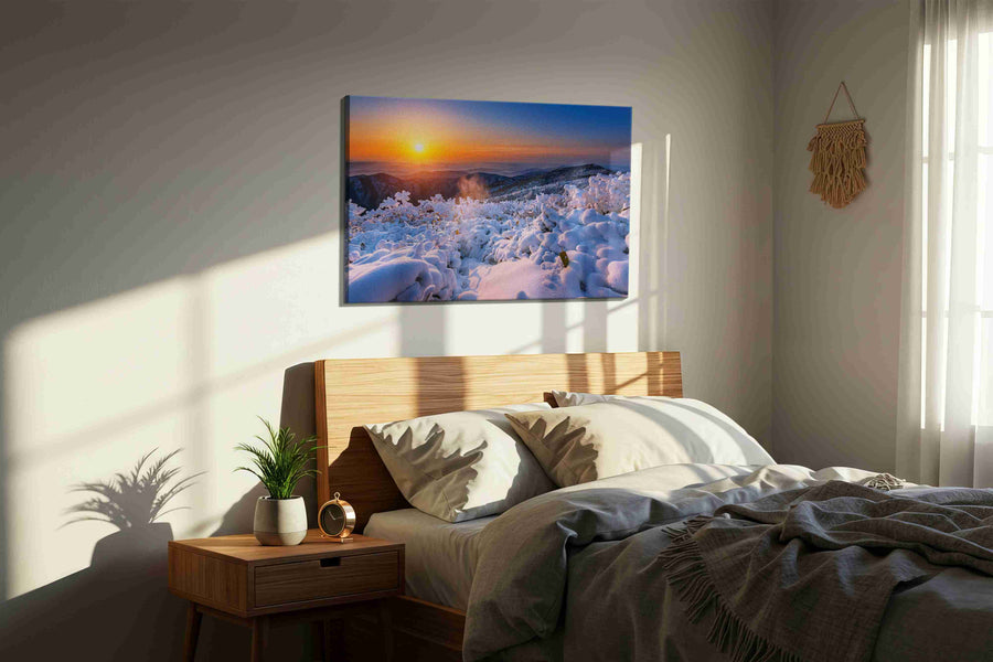 Emberlight on Winter Peaks winter canvas print, displayed in a bedroom