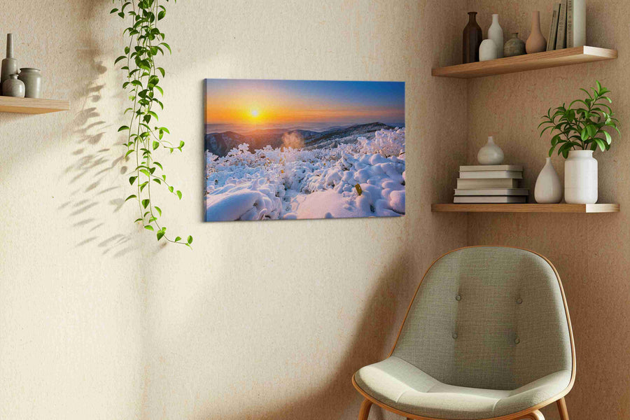 Emberlight on Winter Peaks winter canvas print styled in a living room