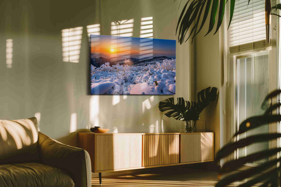 Emberlight on Winter Peaks winter canvas print in a hung canvas mockup