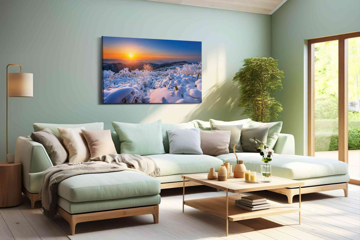 Emberlight on Winter Peaks winter canvas print, hanging on wall
