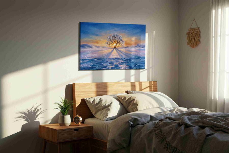 Frostfire Solitude winter canvas print, displayed in a bedroom