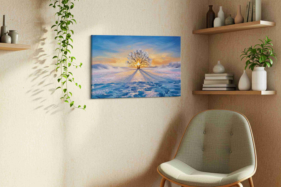 Frostfire Solitude winter canvas print, displayed in a living room