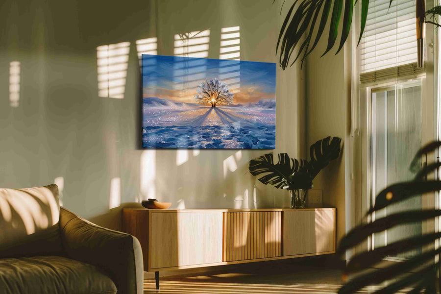 Frostfire Solitude winter canvas print in a contemporary interior mockup