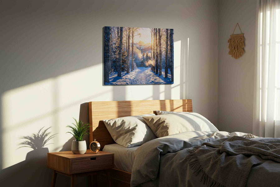 Frostlight Aspen Passage winter canvas print, displayed in a bedroom