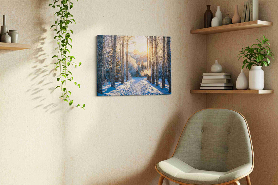 Frostlight Aspen Passage winter canvas print, displayed in a living room