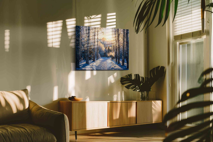 Frostlight Aspen Passage winter canvas print, on wall, lifestyle preview