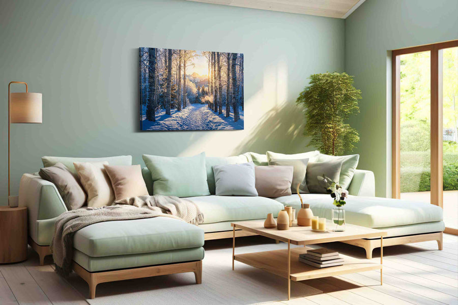 Frostlight Aspen Passage winter canvas print, hanging on wall