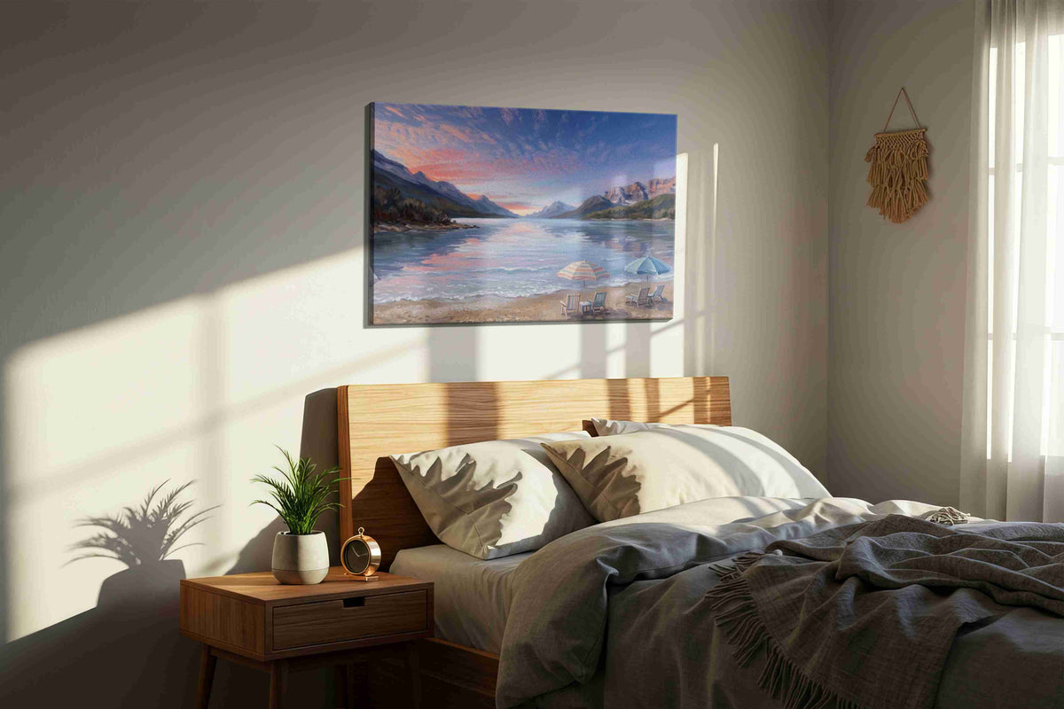 Alpenglow Beach Reverie beach canvas wall art displayed above a bed in a styled bedroom scene