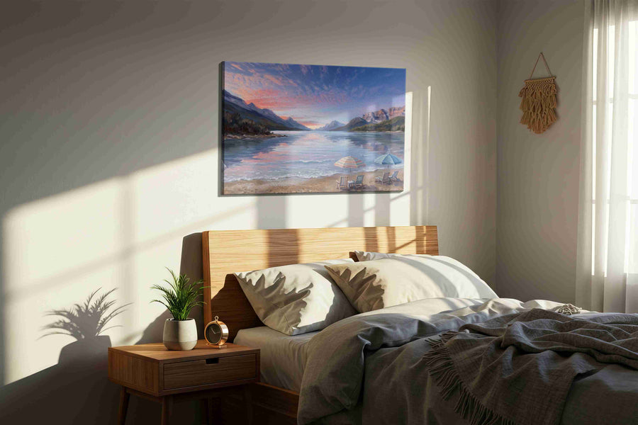 Alpenglow Beach Reverie beach canvas wall art displayed above a bed in a styled bedroom scene