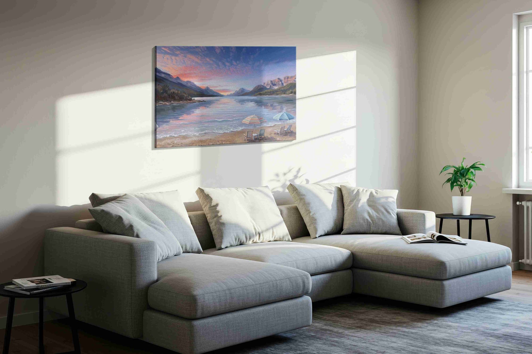 Alpenglow Beach Reverie beach canvas wall art displayed above a sofa in a styled living room scene