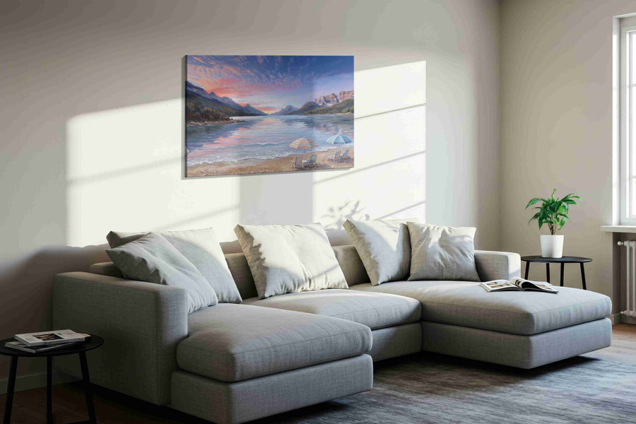 Alpenglow Beach Reverie beach canvas wall art displayed above a sofa in a styled living room scene